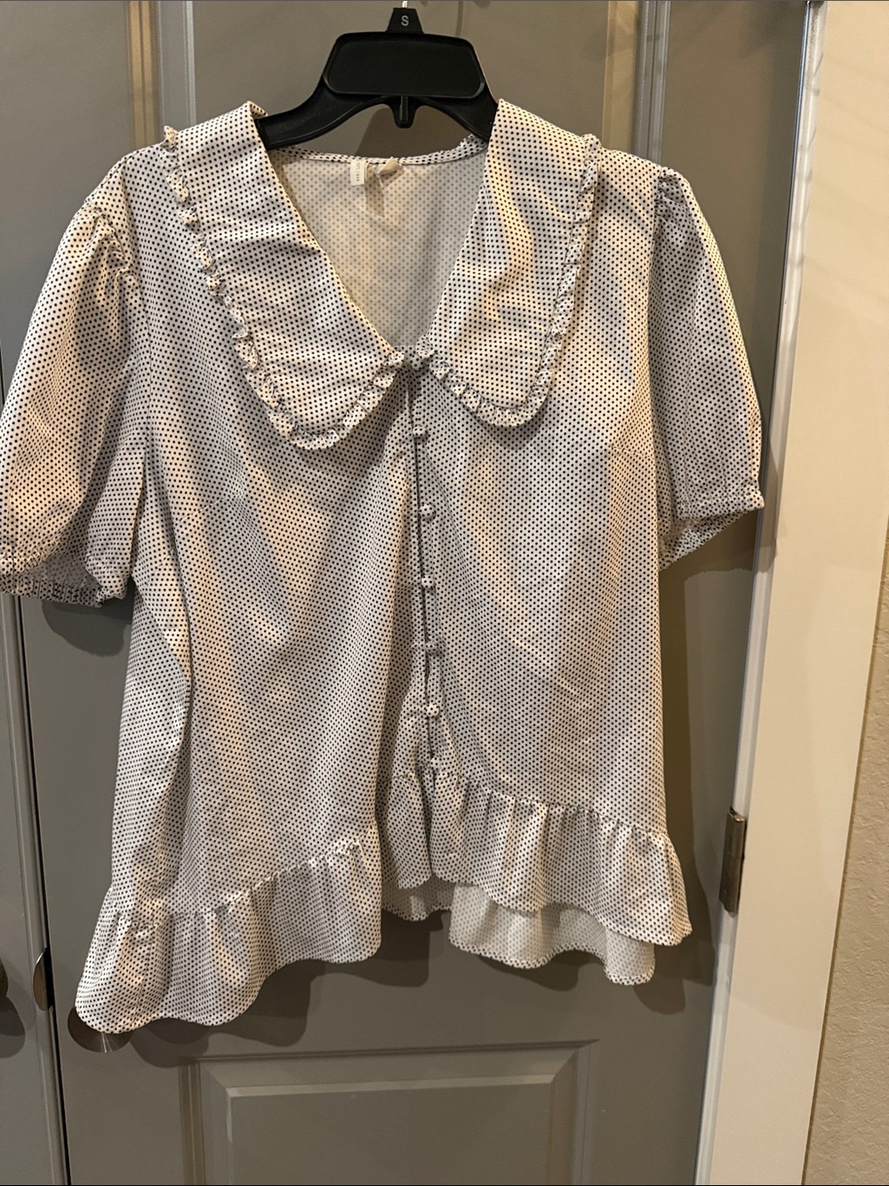 Cato White Blouse with Black Dot Ruffle Collar